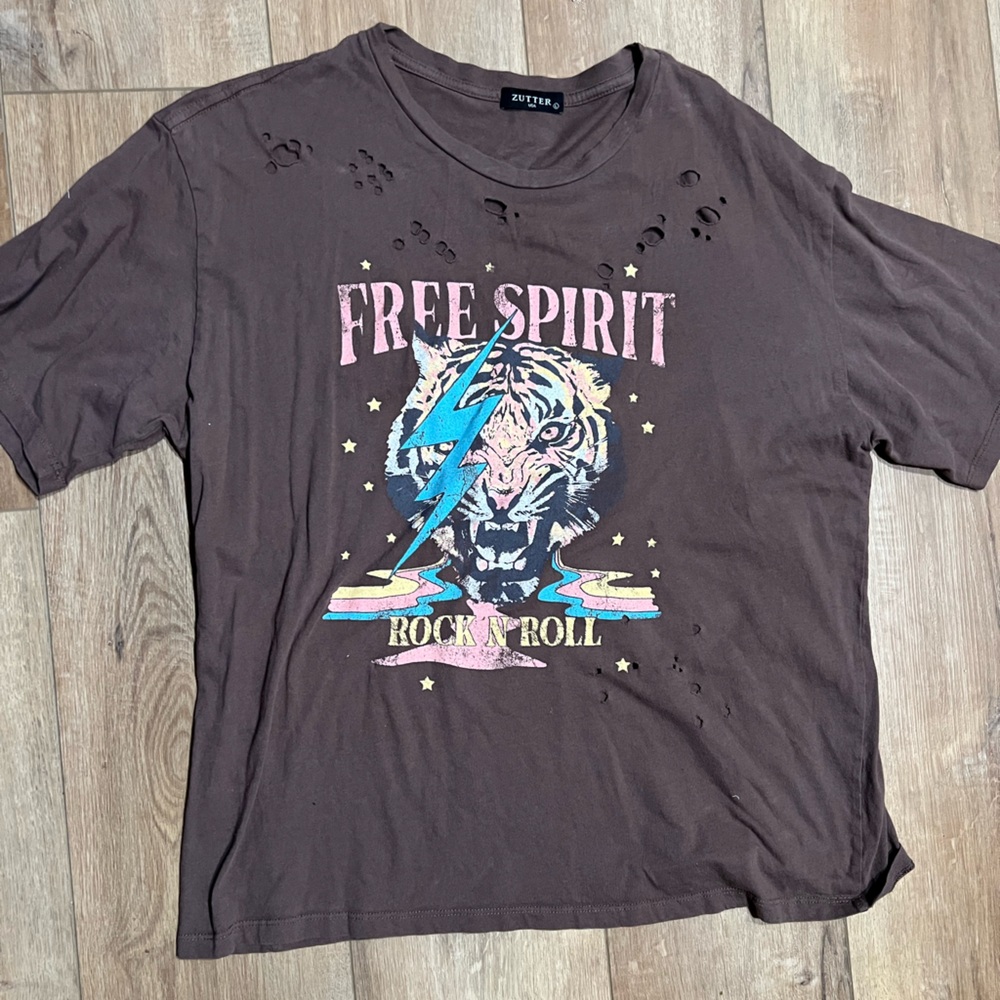 Zutter Brown Graphic Distressed Oversized Tee with Tiger Design Large